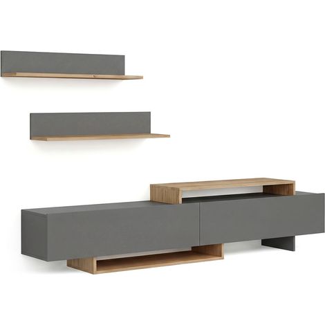 Salón con mueble TV y estanterías 200 cm Bender Gris Grafito - Alpino (ancho) x 46cm (alto)