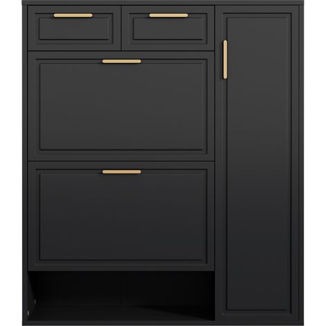 Meuble à chaussures moderne noir avec étagères réglables, 2 tiroirs et portes, 95 x 24 x 107,5 cm (1/5)