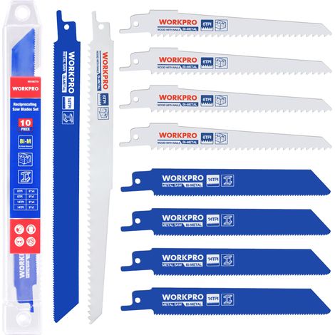 WORKPRO Lames de Scie Sabre 10 Pièces BIM 14/6 TPI Lame de Scie Sabre pour Métal et Bois, avec Boîtier d'Organisateur (1/5)