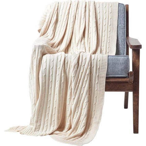 HOMESCAPES Baumwolldecke mit Zopfmuster, beige, 130 x 170 cm