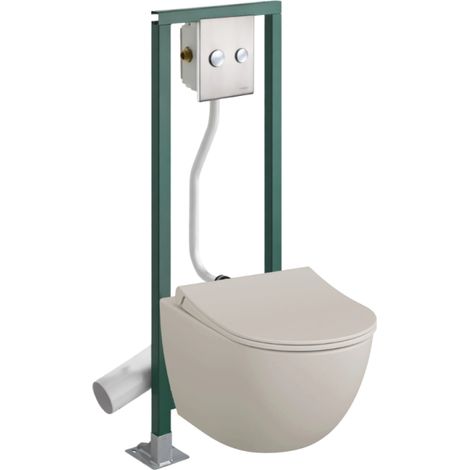 Pack inodoro suspendido VitrA Sento de lino sin reborde + asiento de inodoro con cierre amortiguado + estructura autoportante PRESTO + placa de accionamiento cromada (1/4)