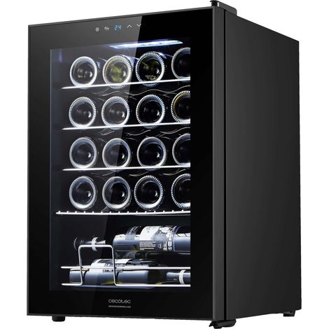 Schwarzer Weinkühlschrank mit einem Fassungsvermögen von 20 Flaschen mit Kompressor-Kühlsystem, einstellbarer Temperatur zwischen 5-18ºC und Touch-Bedienfeld.