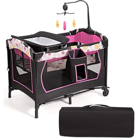 Goplus – Lit parapluie bébé 4 en 1 avec table à langer pliable – 3 niveaux réglables – Matelas confortable – 2 roulettes avec freins – Sac de transport