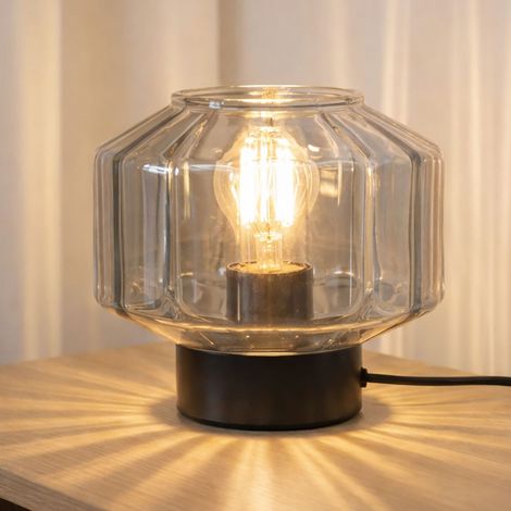 Tischlampe schwarz Schlafzimmerleuchte modern Nachttischlampe, bauchiger Lampenschirm Rauchglas Leselampe, Metall, 1x E27 Fassung, DxH 18x14,5 cm