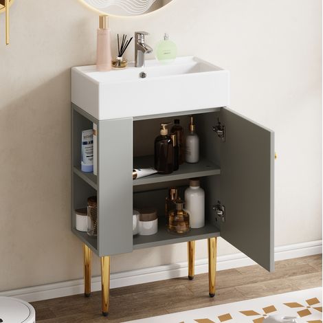 Mobile lavabo da bagno in MDF grigio e bianco, freestanding con lavabo integrato e vani portaoggetti (1/5)