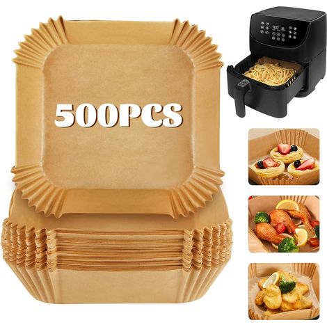 500 Pièces Papier Cuisson Air Fryer, Papier Sulfurisé pour Air Fryer Carré Naturel, Fond 20 cm Ouverture 24 cm, Moule Papier Air Fryer et Feuille Air Fryer pour Friteuse Sans Huile