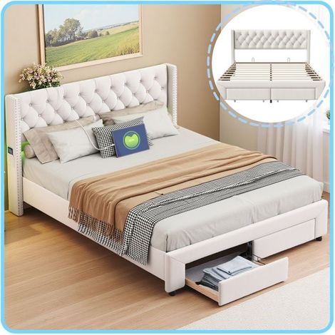 Cama con Cajón - 140x190 cm - Banda de Luz RGB - Cargador USB - Tela de Terciopelo Beige (1/5)