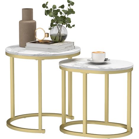 Couchtisch rund 2er Set Stapelbarer Beistelltisch mit Stahlrahmen, Wohnzimmertisch Kaffeetisch für Wohnzimmer Schlafzimmer Weiß Aosom