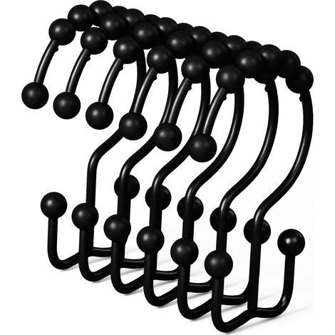 Anelli per tenda da doccia, ganci in metallo antiruggine, doppio anello scorrevole per tenda da doccia, ganci per tenda da doccia in acciaio inox, set da 12 ganci, nero opaco (1/5)
