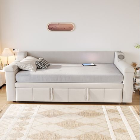 Divano letto 90/180x190 cm beige in velluto con Bluetooth, USB e vani portaoggetti (1/5)