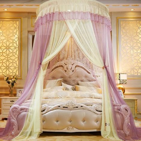 Himmelbett mit Deckenmontage, Moskitonetz, Doppelbett, E-Installation, Home Dome, faltbares Himmelbett mit Haken, gelb und lila