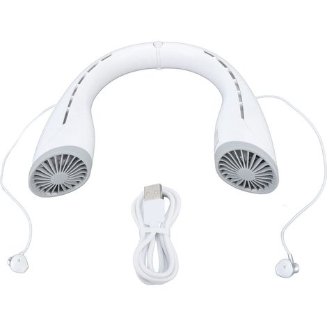 Ventilateur de cou Bluetooth avec écouteurs intégrés, rechargeable par USB, 4000 mAh, mains libres, sans pales, silencieux et portable (blanc). (1/3)