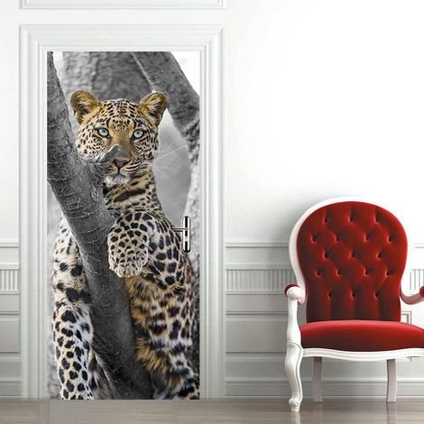 Autocollant de porte effet 3D de cheminée léopard (77x200cm), autocollant mural intérieur en PVC pour décoration murale salon cuisine chambre salle de bain papier peint