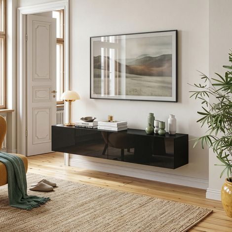 Mobile Pensile Evaton Porta TV da Parete 160 x 32 x 30 cm - Nero Lucido [en.casa]