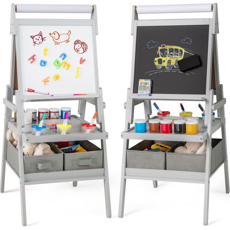 COSTWAY Kid Easel Double-sided Kids Easel with Magnetic Whiteboard-Grey (1/5)