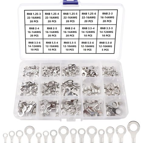 225 Pièces Kit Cosses à Anneau Non Isolées, Cosses de Fil de Cuivre Étamé, Bornes à Sertir a Oeil à Anneau, pour l'automobile et Câblage Électrique Domestique, 22-10 AWG (1/5)