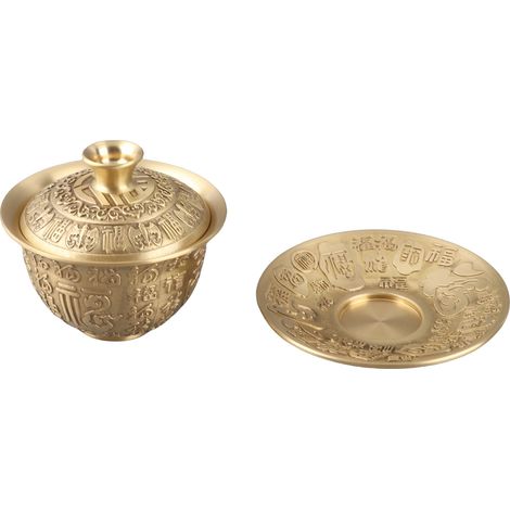 3-teiliges Set chinesischer Teetassen, 100 ml, Messing, Relief-Glücksmotiv, mit Deckel und Untertasse (1/5)