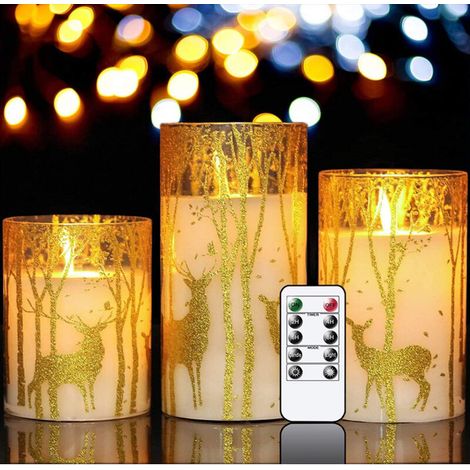 Bougies en verre sans flamme, à effet vacillant, avec minuterie et télécommande, lot de 3, couleur or (1/5)
