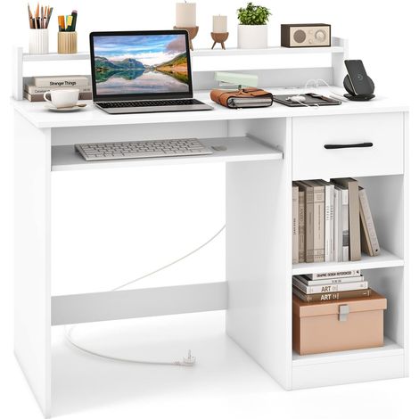 COSTWAY Scrivania per Computer con 2 Prese di Corrente e Prese USB, Scrivania Ufficio con Cassetto e Ripiano Estraibile per Tastiera, Scrivania Gaming con Ripiano Regolabile, 105 x 55 x 89 cm, Bianco (1/5)