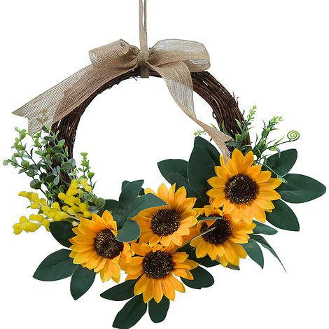 Couronne de fleurs artificielle Sunflower : Couronne décorative en rattan pour maison/mariage, diamètre 26cm (1/5)
