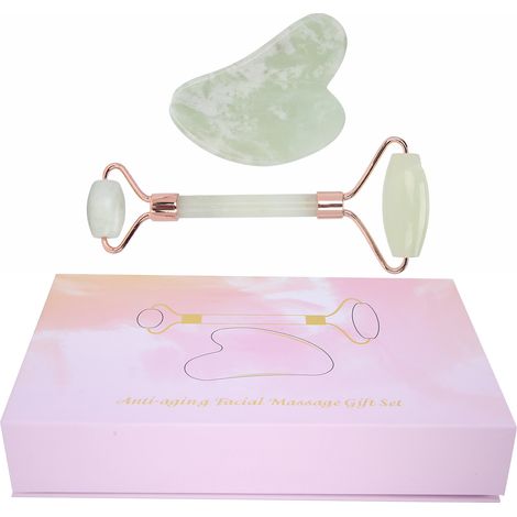 Rouleau de massage portable avec planche de grattage en forme de cœur, outil de massage corporel pour visage, bras et dos (rouleau en jade Xiuyan) (1/5)