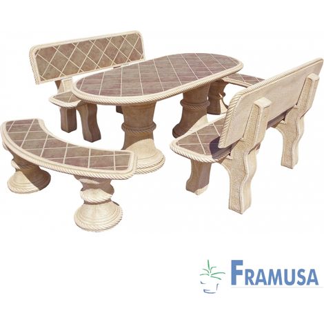 CONJUNTO COMEDOR PIEDRA OVALADO JARDIN OLMO TOSTADO CON AZULEJOS OCRE