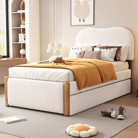 Flachbett 90x200 cm weiß aus Plüsch und MDF mit ausziehbarem Rollbett (1/5)