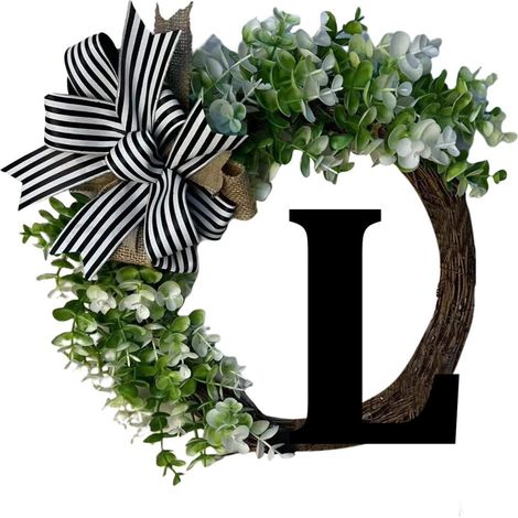 Oferta especial de primavera: Anillo para puerta con iniciales, 30 cm, 26 apellidos, con lazo de lino a rayas, decoración rústica para puerta (L) (1/2)