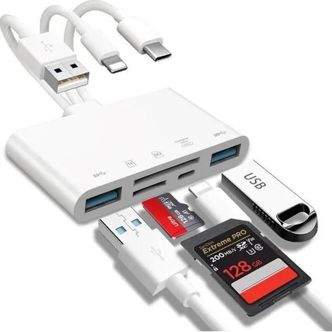 Lecteur de Carte Mémoire 5 en 1 - HAUTSTORE - Adaptateur OTG - iPhone/iPad - USB C - USB A -lan