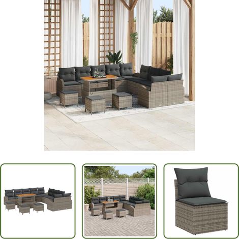 Mobilier extérieur - Ensemble de canapé de jardin avec coussin 14 pcs Gris polyrotin (1/5)