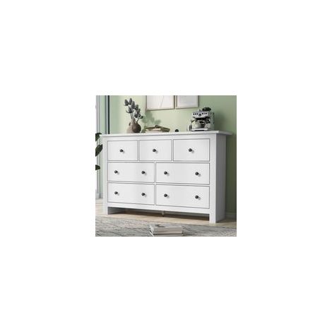 Commode 7 tiroirs blanche 152x40x89 cm  Panneaux de particules  Guides coulissants pour ouverture facile  Style minimaliste moderne (1/5)