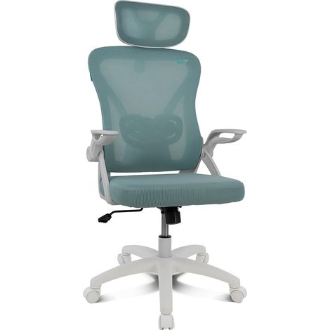 Chaise Ergonomique pour Le Bureau et la Maison, inclinable, Pliante, avec Appui-tête et accoudoirs rembourrés, supporte jusqu'à 120 kg, Maille Respirante - Turquoise/Blanc (1/5)