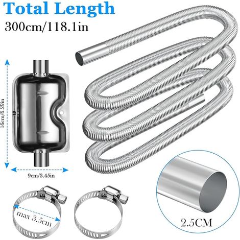 Tuyau d'échappement Silencieux 300cm 25mm Flexible Tuyau d'échappement Acier Inoxydable Colliers Acier Inoxydable Chauffage Diesel Voiture (1/3)