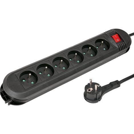 Multiprise avec Interrupteur Bloc 6 Prises 16A, Rallonge 1.5m, Prise Multiple économie d'énergie, Prises 45°, Boucle de Suspension Mural, 3680W, Cable H05VV-F3G1.5 Noir (1/5)