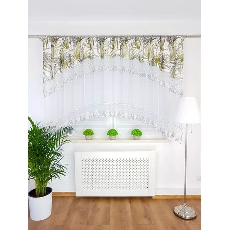 Tenda ricamata con un elegante motivo a foglie - grigio e verde