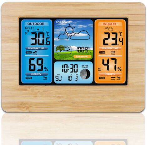 Green Mobility-LCD ecran couleur previsions meteo reveil thermometre interieur, et exterieur et hygrometre horloge 3373norcc bambou (1/5)