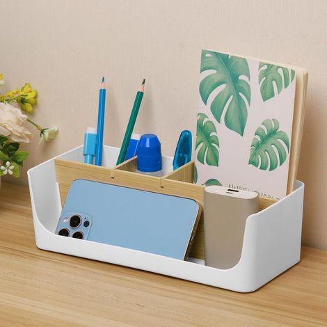 Boîte de rangement de bureau à 4 compartiments, porte-stylo, organisateur de bureau pour stylos, téléphone portable, tablette, cosmétiques, fournitures de bureau (27 x 11,7 x 8,5 cm) (1/5)