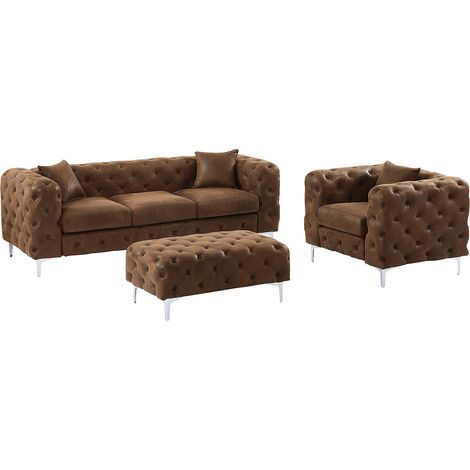 Divano 3 posti, poltrona e pouf CHESTERFIELD in microfibra aspetto pelle invecchiata - EDWINA