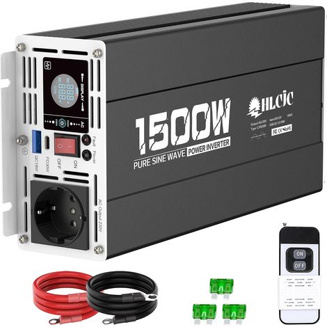 Onduleur 1500W/3000W Pur Sinus 12V vers 230V, 1 Prise EU, avec 1x Prise EU, 1x USB-C PD 30W, 1x USB-A QC 3.0 18W Charge Rapide, écran LCD pour Camping-Car, Camion, véhicule (1/5)