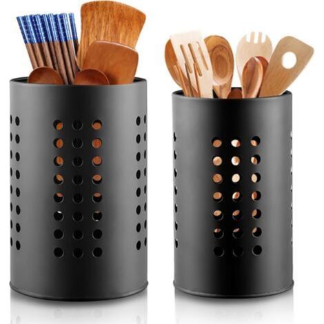 2-teiliger Besteckabtropfer, Küchenutensilienhalter für die Arbeitsplatte, schwarzer Edelstahl-Besteckkorb, eleganter Organizer im Landhausstil und dekorative Küchenutensilien-Topf
