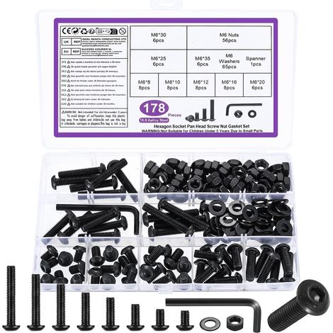 178 Pcs M6 Jeu de Vis et Écrous, Vis Boulon et Écrous à Tête Hexagonale Noir Vis à Tête Hexagonale Ronde et Écrous et Rondelles Assortiment Kit，et Clés，Acier Au Carbone Vis à Six Pans Creux à Tête (1/5)