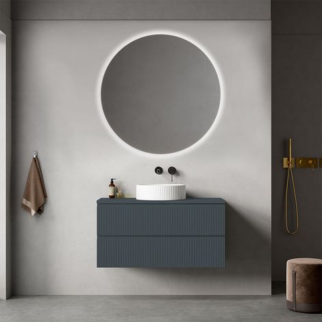 Mobile bagno sospeso cannettato 100 cm Blu Mare per Lavabo d'appoggio Specchio Tondo Retroilluminato - Fiji Paint Top Canneté