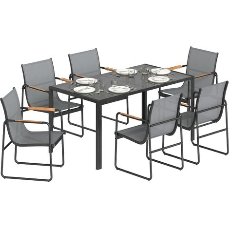 Ensemble de Salle à Manger d'Extérieur 7 Pièces pour 6 Personnes, Table en Verre et Chaises en Maille avec Accoudoirs Décoratifs, Gris (1/5)