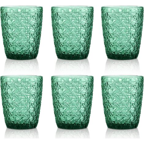 Vert Verre a Eau,Empilable Verres à Boire Gobelet Vintage en Relief Fleur,pour Jus Boissons Bière Cocktail,300 ML,Lot de 6,Sécurité au Lave Vaisselle (1/5)