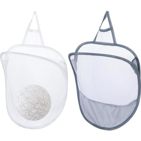 Ensemble de 2 paniers à linge suspendus - Blanc et gris - Comprend 2 crochets de suspension - Panier à linge pliable pour mur et porte (1/5)