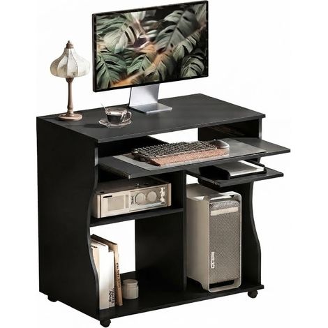 ELVMI Scrivania per Computer con Ruote, Ripiano Tastiera e Mensole per Ufficio in Legno 80 x 48 x 75 cm Nera (1/5)