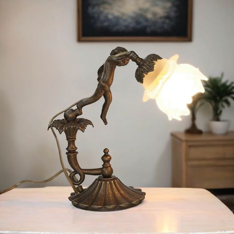 Tischlampe Putti aus Echt-Messing Glas in Antik Premium