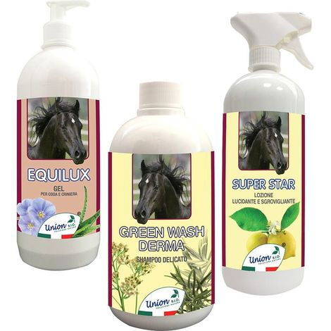 ENSEMBLE NATUREL DE SOINS ET DE BEAUTÉ POUR LES CHEVAUX 1 shampoing, 1 polish et démêlant, 1 restructuration pour la queue et la crinière