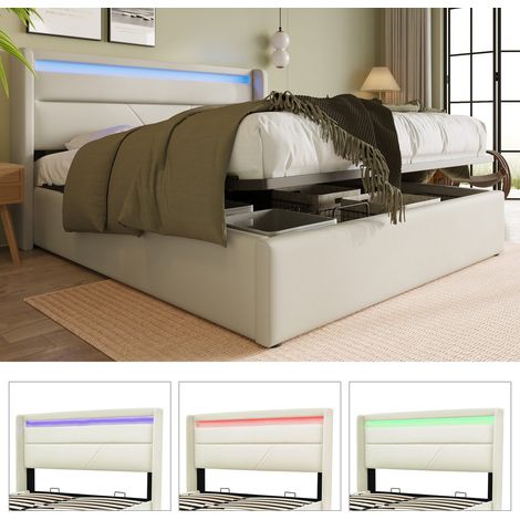 Lit double 140x200 cm en similicuir blanc avec coffre de rangement hydraulique, bande led et télécommande (1/5)