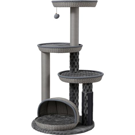 Fudajo Rascador para gatos Urban Loft (115 cm, gris) con base de 58 cm de diámetro, elemento de masaje, 3 zonas de descanso y postes rascadores de cuerda de papel (1/5)